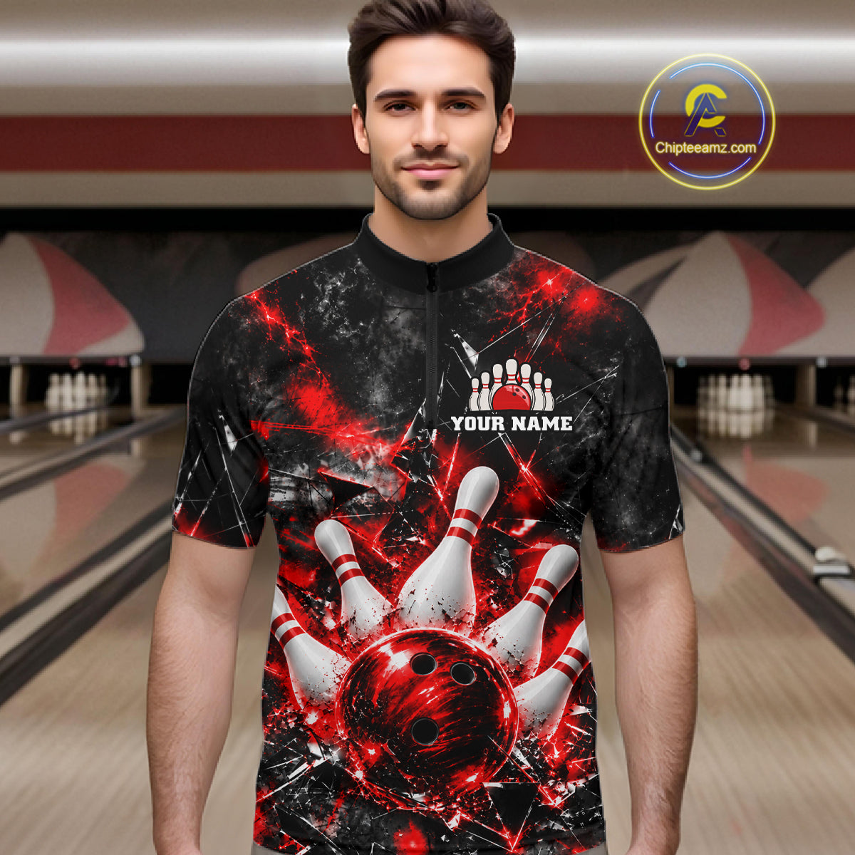 Custom Red Broken Glass Bowling Balls And Pins Bowling Team Shirts For Men Bowling Tournament HNT661