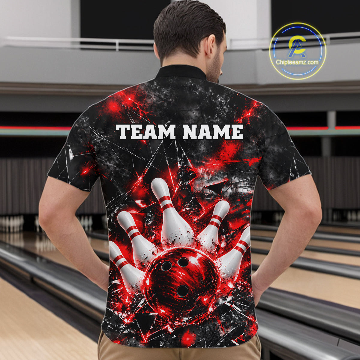 Custom Red Broken Glass Bowling Balls And Pins Bowling Team Shirts For Men Bowling Tournament HNT661