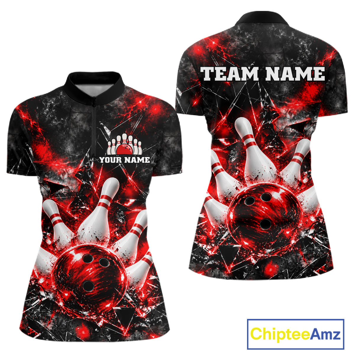 Custom Red Broken Glass Bowling Balls And Pins Bowling Team Shirts For Women Bowling Tournament HNT661