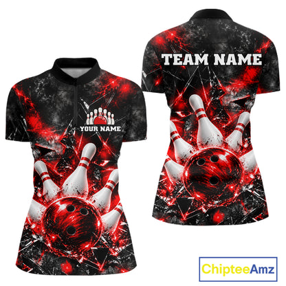 Custom Red Broken Glass Bowling Balls And Pins Bowling Team Shirts For Women Bowling Tournament HNT661