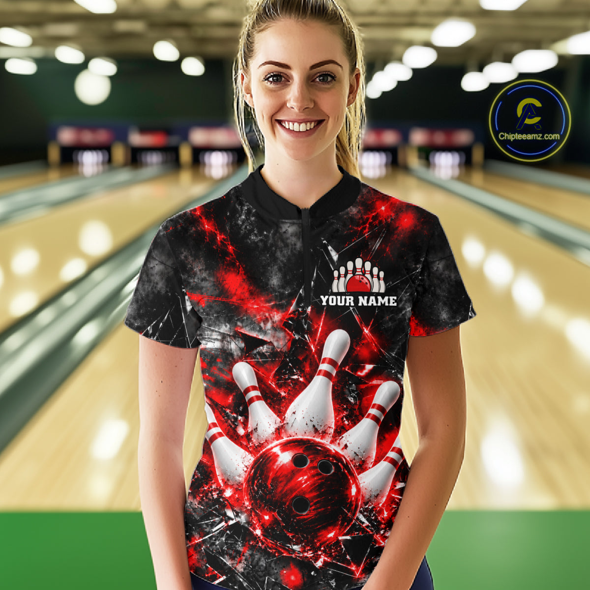 Custom Red Broken Glass Bowling Balls And Pins Bowling Team Shirts For Women Bowling Tournament HNT661
