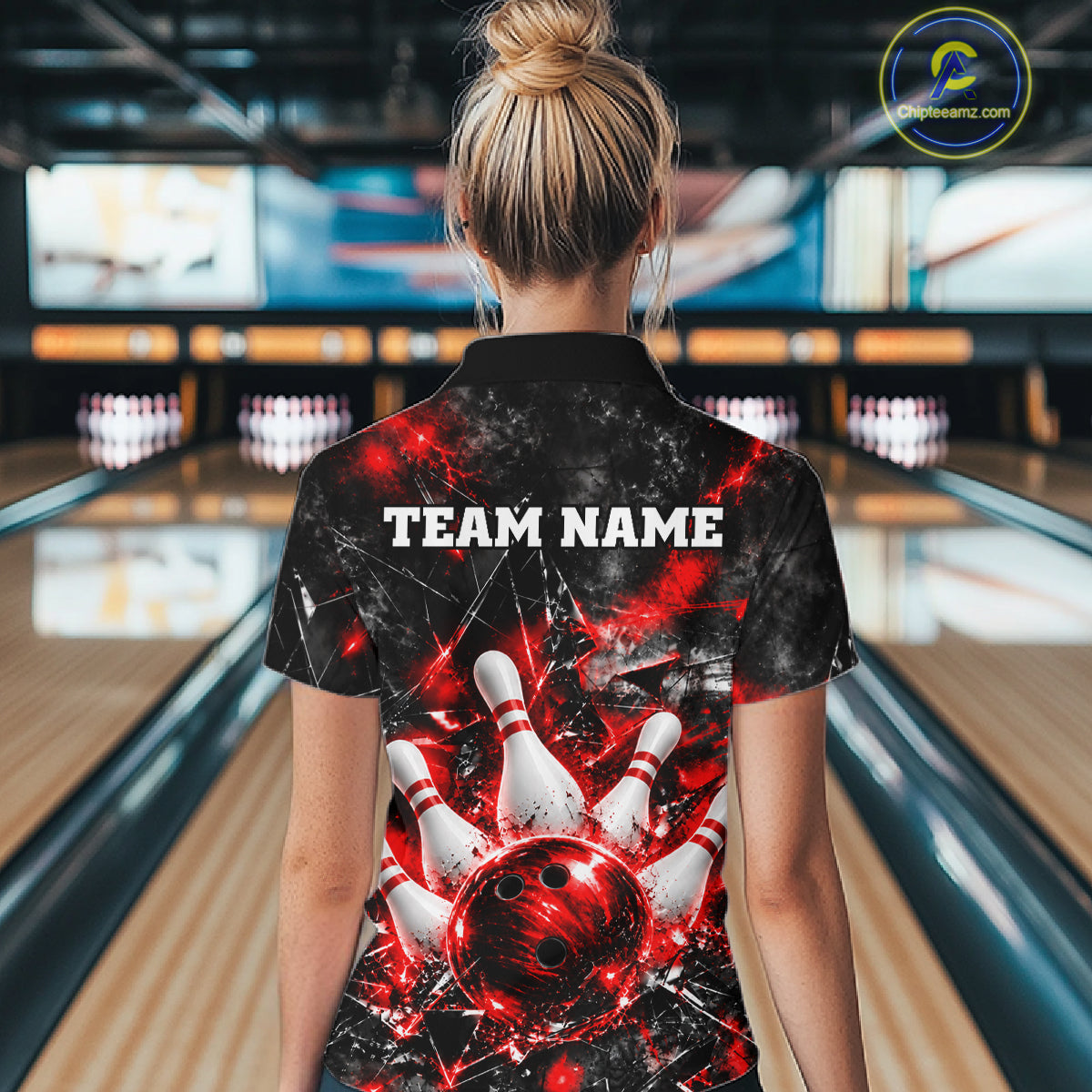 Custom Red Broken Glass Bowling Balls And Pins Bowling Team Shirts For Women Bowling Tournament HNT661