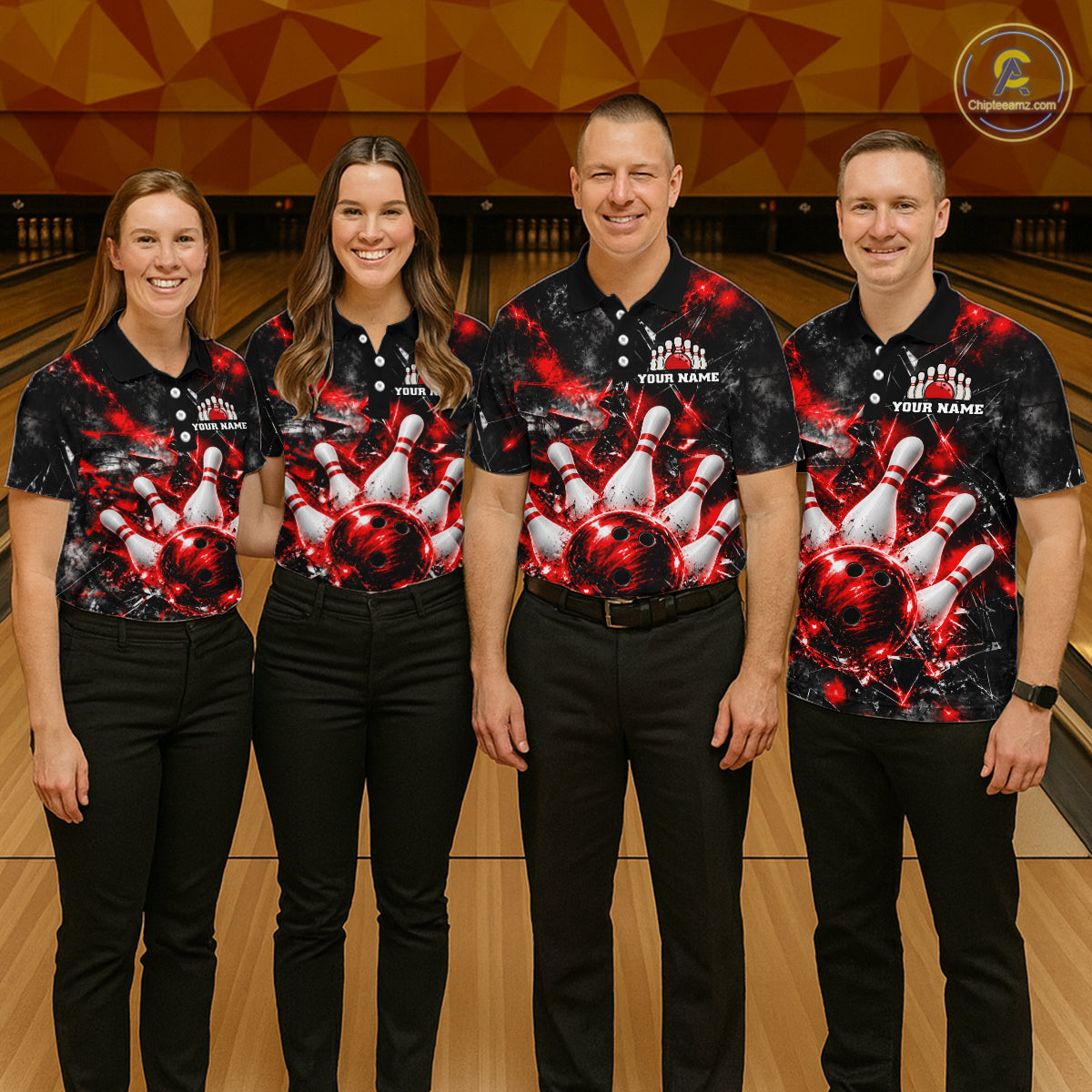 Custom Red Broken Glass Bowling Balls And Pins Bowling Team Shirts For Men Bowling Tournament HNT661