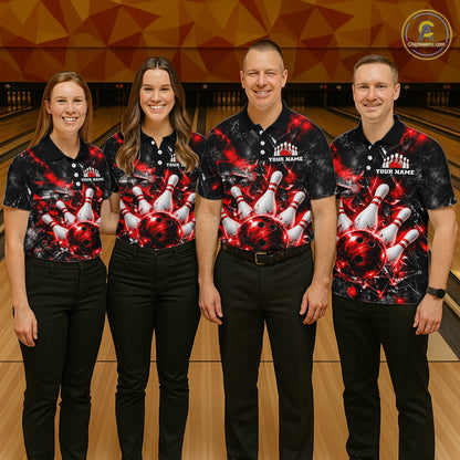 Custom Red Broken Glass Bowling Balls And Pins Bowling Team Shirts For Men Bowling Tournament HNT661