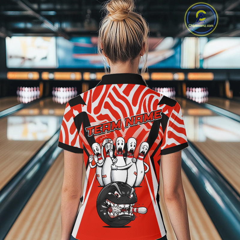 Custom Red Funny Bowling Jersey for Women Bowling Team Shirts Bowling League Polo & 1/4 Zip HNT155