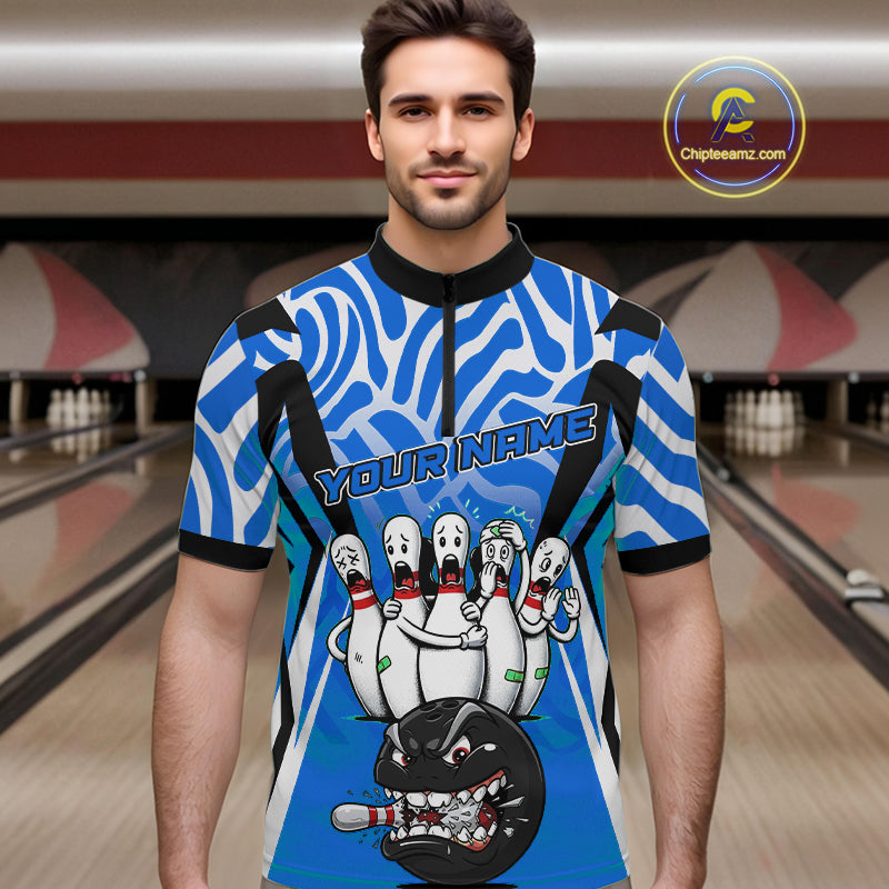 Custom Blue Funny Bowling Jersey for Men Bowling Team Shirts Bowling League Polo & 1/4 Zip HNT155