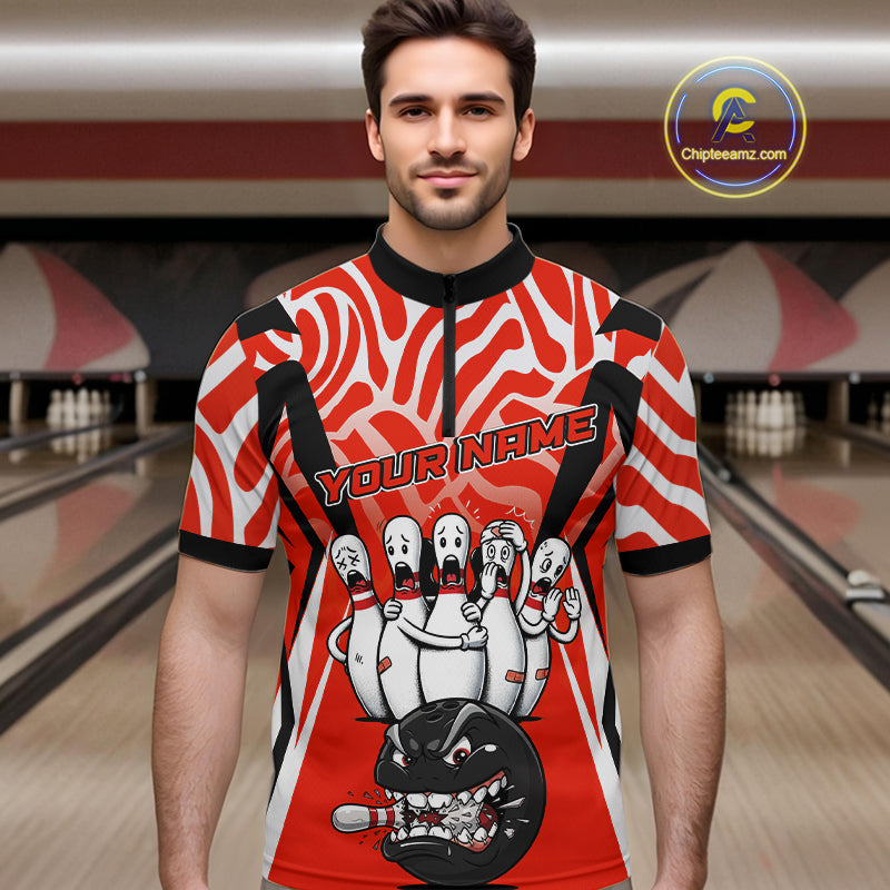 Custom Red Funny Bowling Jersey for Men Bowling Team Shirts Bowling League Polo & 1/4 Zip HNT155