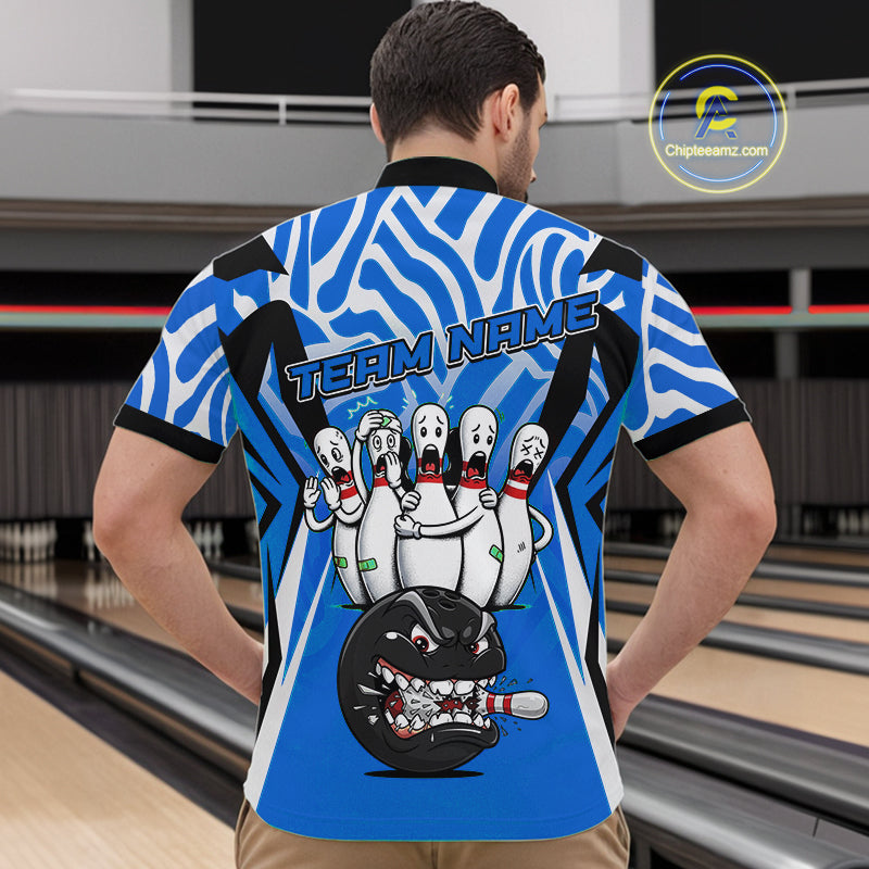Custom Blue Funny Bowling Jersey for Men Bowling Team Shirts Bowling League Polo & 1/4 Zip HNT155