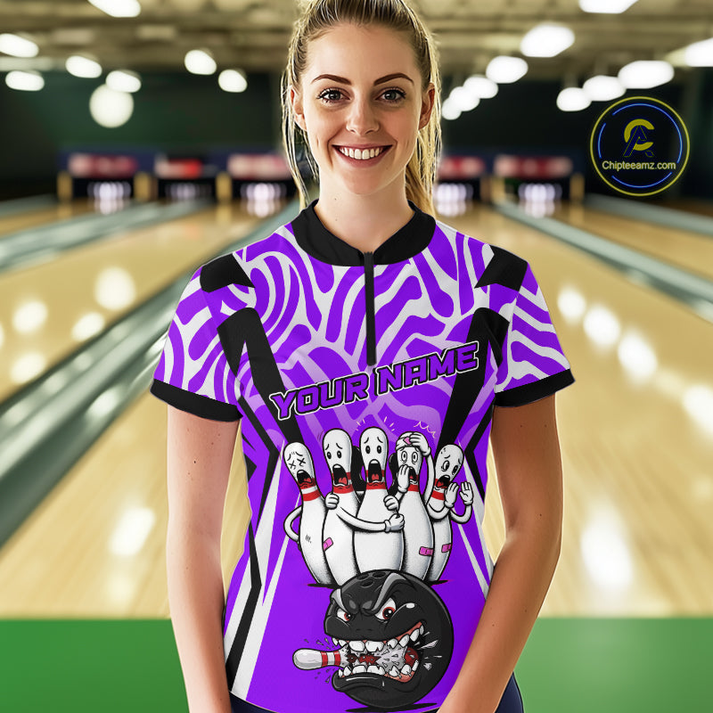 Custom Purple Funny Bowling Jersey for Women Bowling Team Shirts Bowling League Polo & 1/4 Zip HNT155