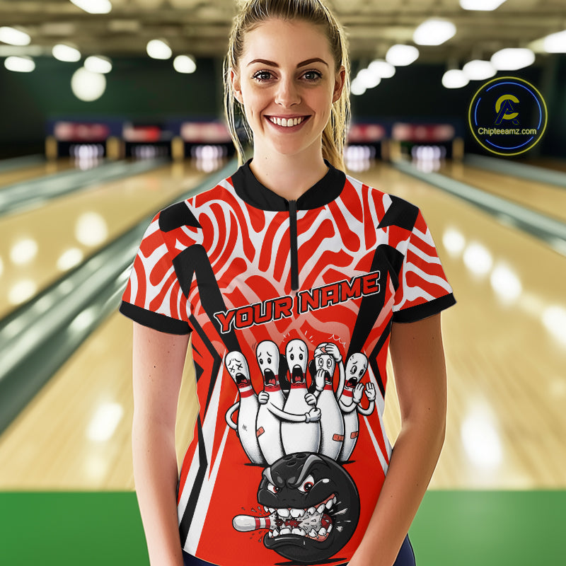 Custom Red Funny Bowling Jersey for Women Bowling Team Shirts Bowling League Polo & 1/4 Zip HNT155