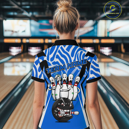 Custom Blue Funny Bowling Jersey for Women Bowling Team Shirts Bowling League Polo & 1/4 Zip HNT155