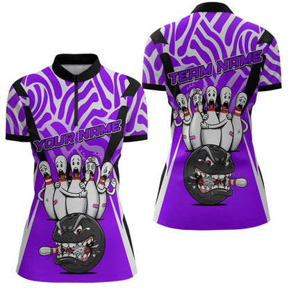 Custom Purple Funny Bowling Jersey for Women Bowling Team Shirts Bowling League Polo & 1/4 Zip HNT155