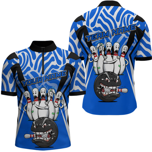 Custom Blue Funny Bowling Jersey for Men Bowling Team Shirts Bowling League Polo & 1/4 Zip HNT155