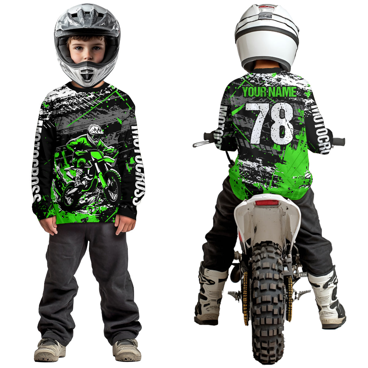 Green Youth Dirt Bike Jersey Adult Kid Upf30+ Customized Motocross Jersey Off-Roading Jersey DNT48