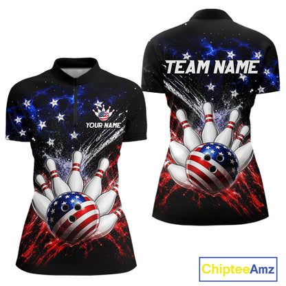 Custom American Flag Bowling Jersey for Women Bowling Team Shirts, Gift for Team Bowler HNT515