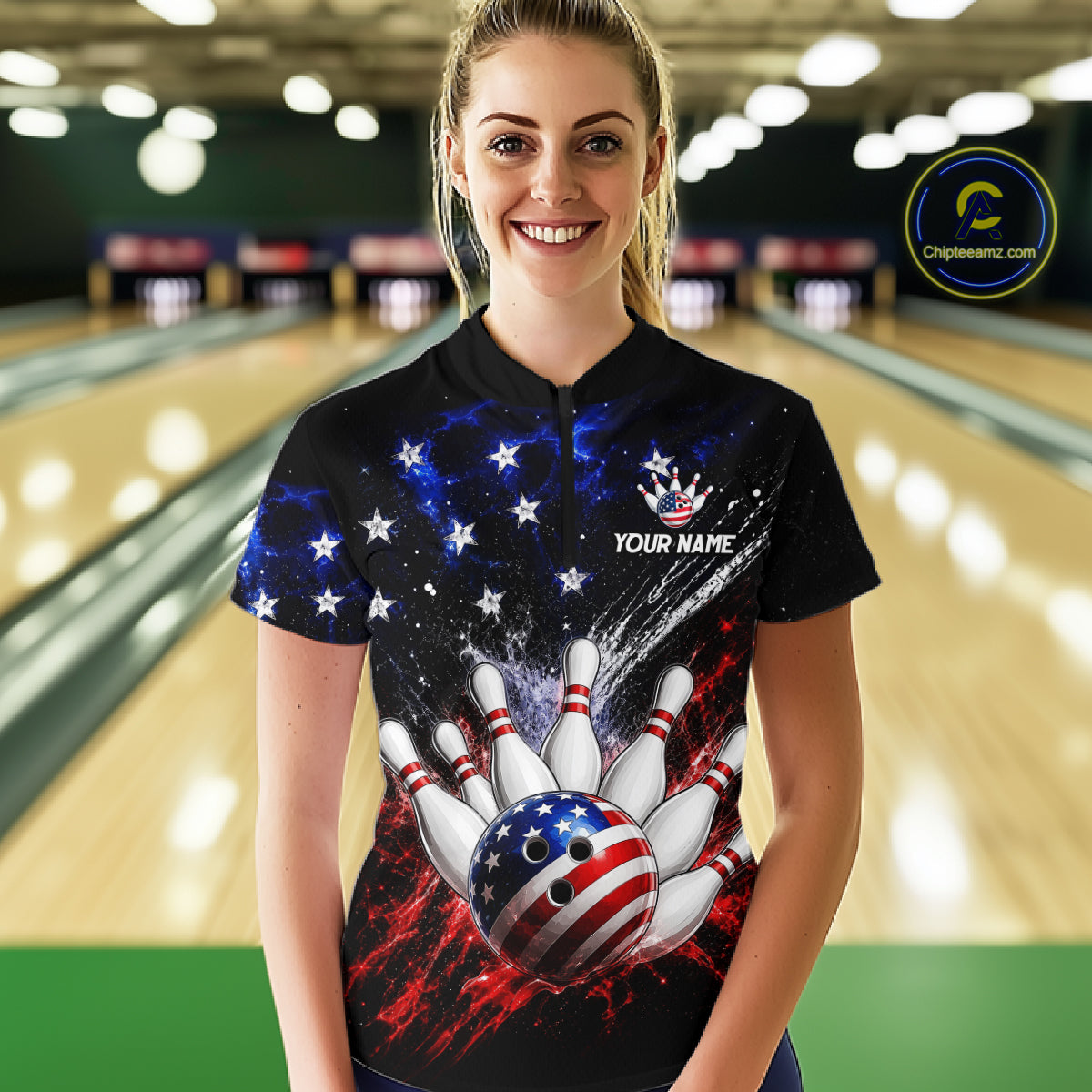 Custom American Flag Bowling Jersey for Women Bowling Team Shirts, Gift for Team Bowler HNT515