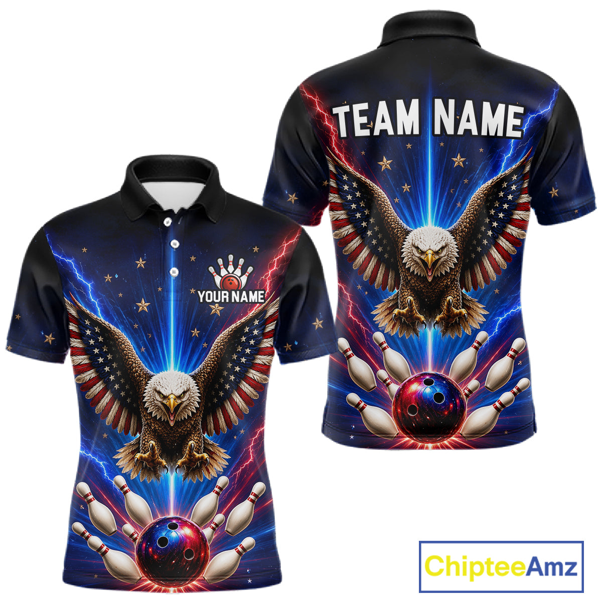 Personalized Lightning US Flag Eagle Bowling Team Shirts For Men Patriotic Bowling Gifts HNT517