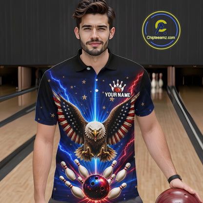 Personalized Lightning US Flag Eagle Bowling Team Shirts For Men Patriotic Bowling Gifts HNT517
