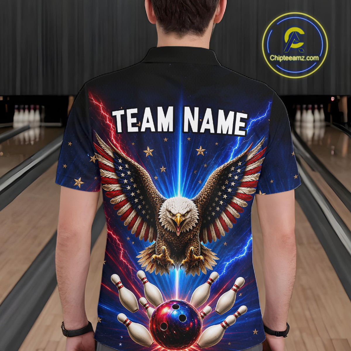 Personalized Lightning US Flag Eagle Bowling Team Shirts For Men Patriotic Bowling Gifts HNT517