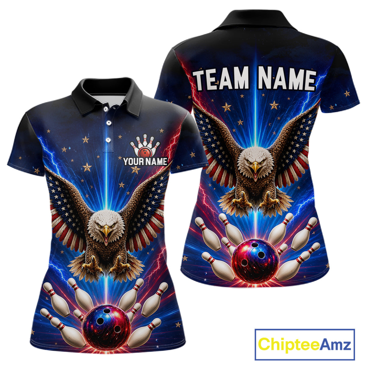 Personalized Lightning US Flag Eagle Bowling Team Shirts For Women Patriotic Bowling Gifts HNT517