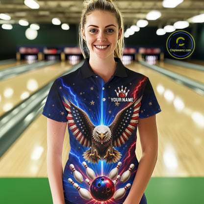 Personalized Lightning US Flag Eagle Bowling Team Shirts For Women Patriotic Bowling Gifts HNT517