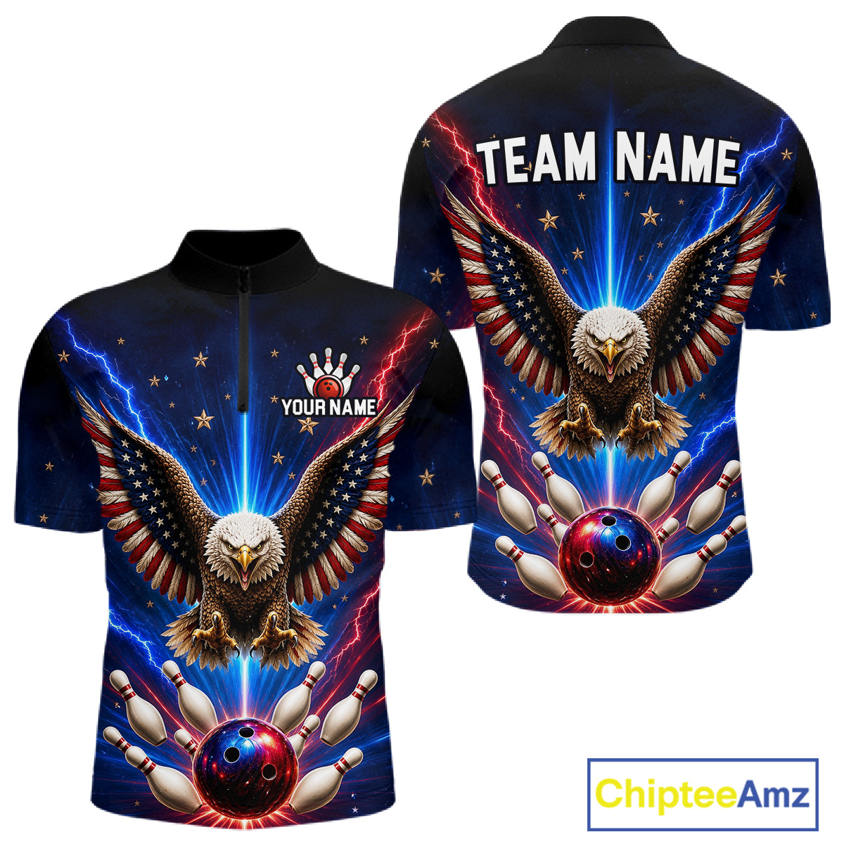Personalized Lightning US Flag Eagle Bowling Team Shirts For Men Patriotic Bowling Gifts HNT517