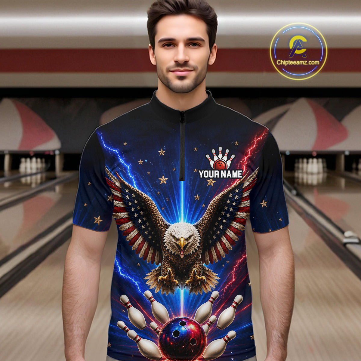 Personalized Lightning US Flag Eagle Bowling Team Shirts For Men Patriotic Bowling Gifts HNT517