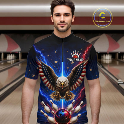 Personalized Lightning US Flag Eagle Bowling Team Shirts For Men Patriotic Bowling Gifts HNT517