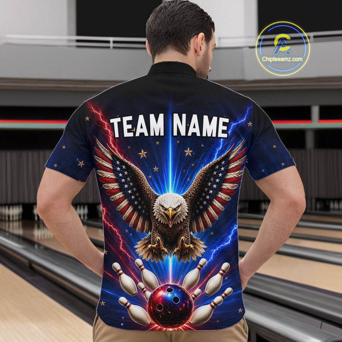 Personalized Lightning US Flag Eagle Bowling Team Shirts For Men Patriotic Bowling Gifts HNT517