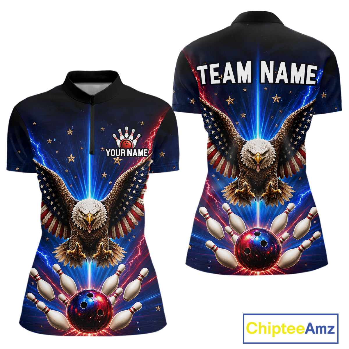 Personalized Lightning US Flag Eagle Bowling Team Shirts For Women Patriotic Bowling Gifts HNT517