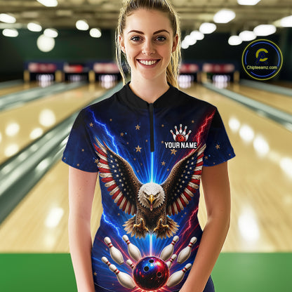 Personalized Lightning US Flag Eagle Bowling Team Shirts For Women Patriotic Bowling Gifts HNT517