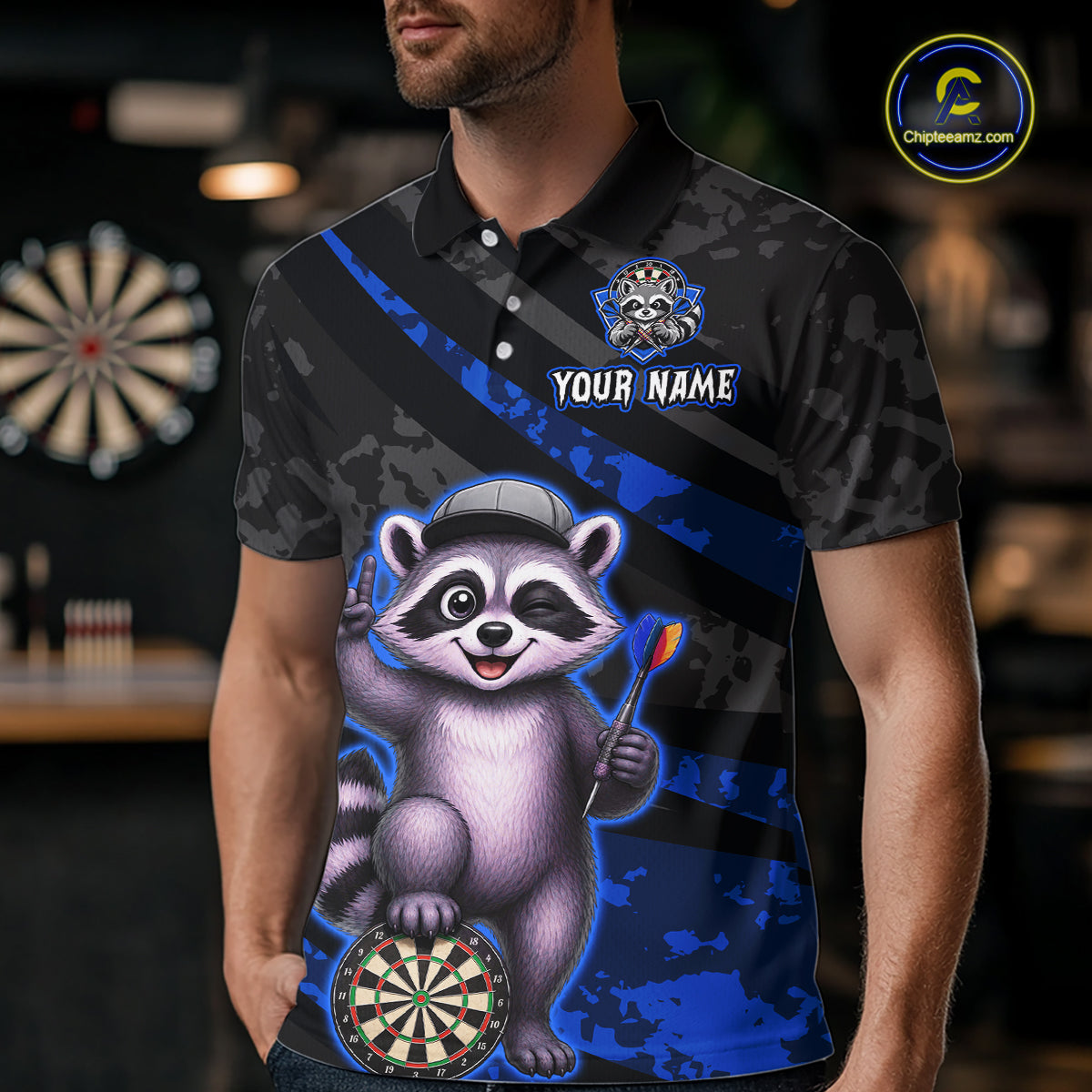 Custom Blue Raccoon Darts Shirt for Men Darts Team Jerseys Dart Uniform Polo & 1/4 Zip NNT326