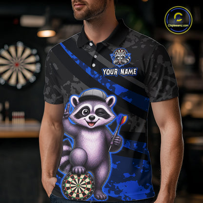Custom Blue Raccoon Darts Shirt for Men Darts Team Jerseys Dart Uniform Polo & 1/4 Zip NNT326