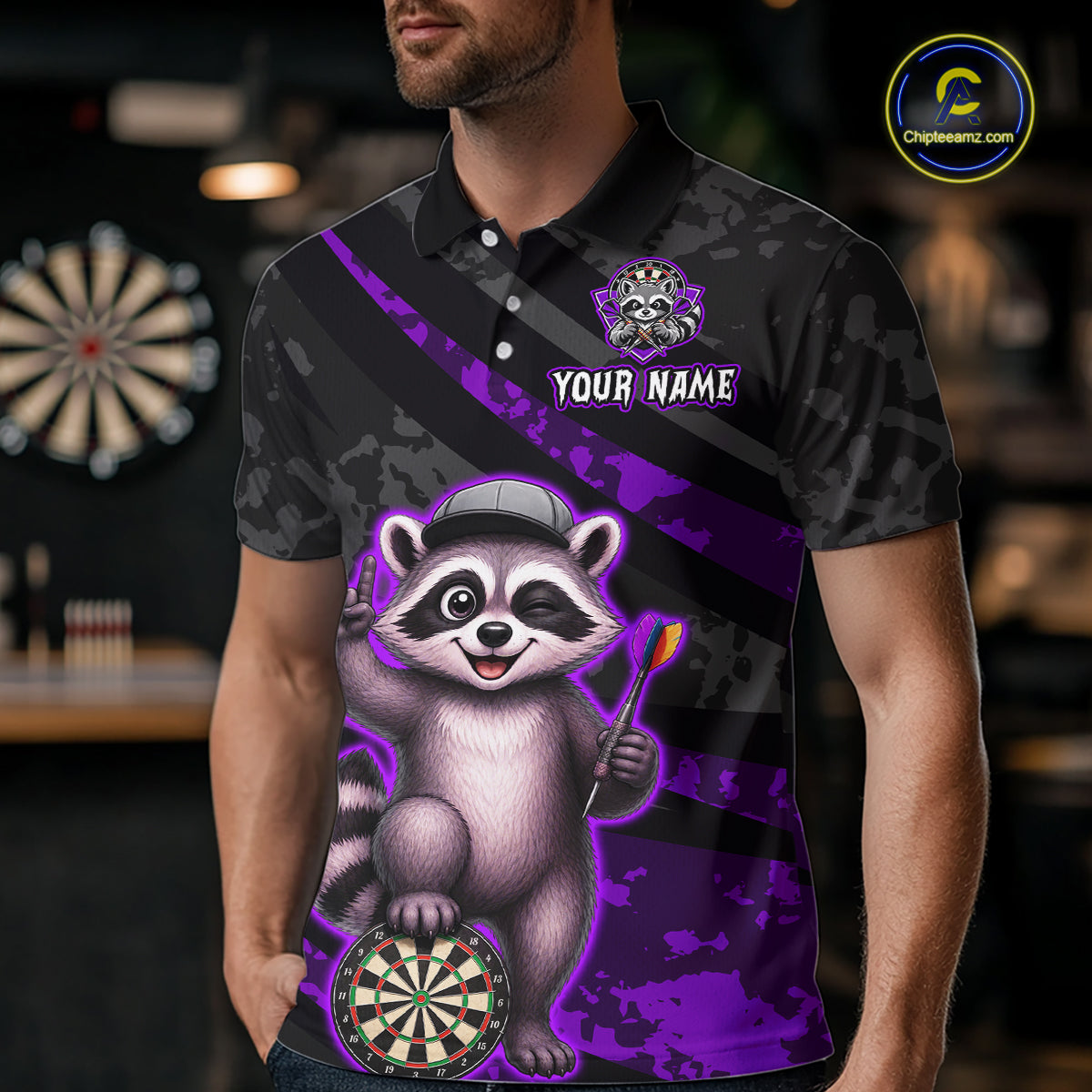 Custom Purple Raccoon Darts Shirt for Men Darts Team Jerseys Dart Uniform Polo & 1/4 Zip NNT326