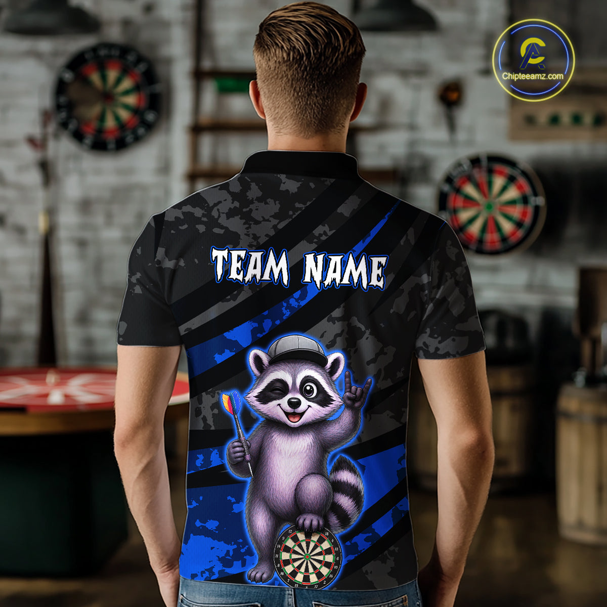 Custom Blue Raccoon Darts Shirt for Men Darts Team Jerseys Dart Uniform Polo & 1/4 Zip NNT326