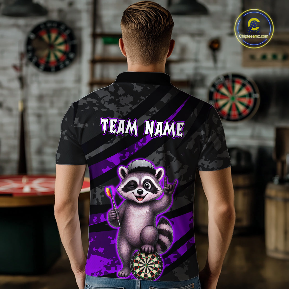 Custom Purple Raccoon Darts Shirt for Men Darts Team Jerseys Dart Uniform Polo & 1/4 Zip NNT326