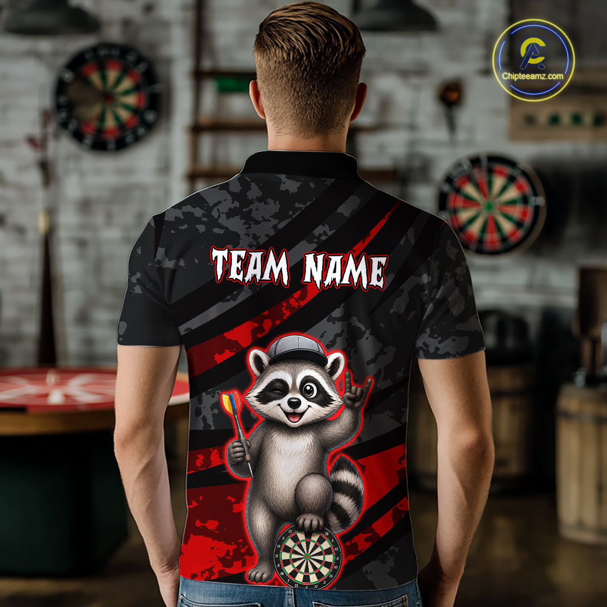 Custom Red Raccoon Darts Shirt for Men Darts Team Jerseys Dart Uniform Polo & 1/4 Zip NNT326