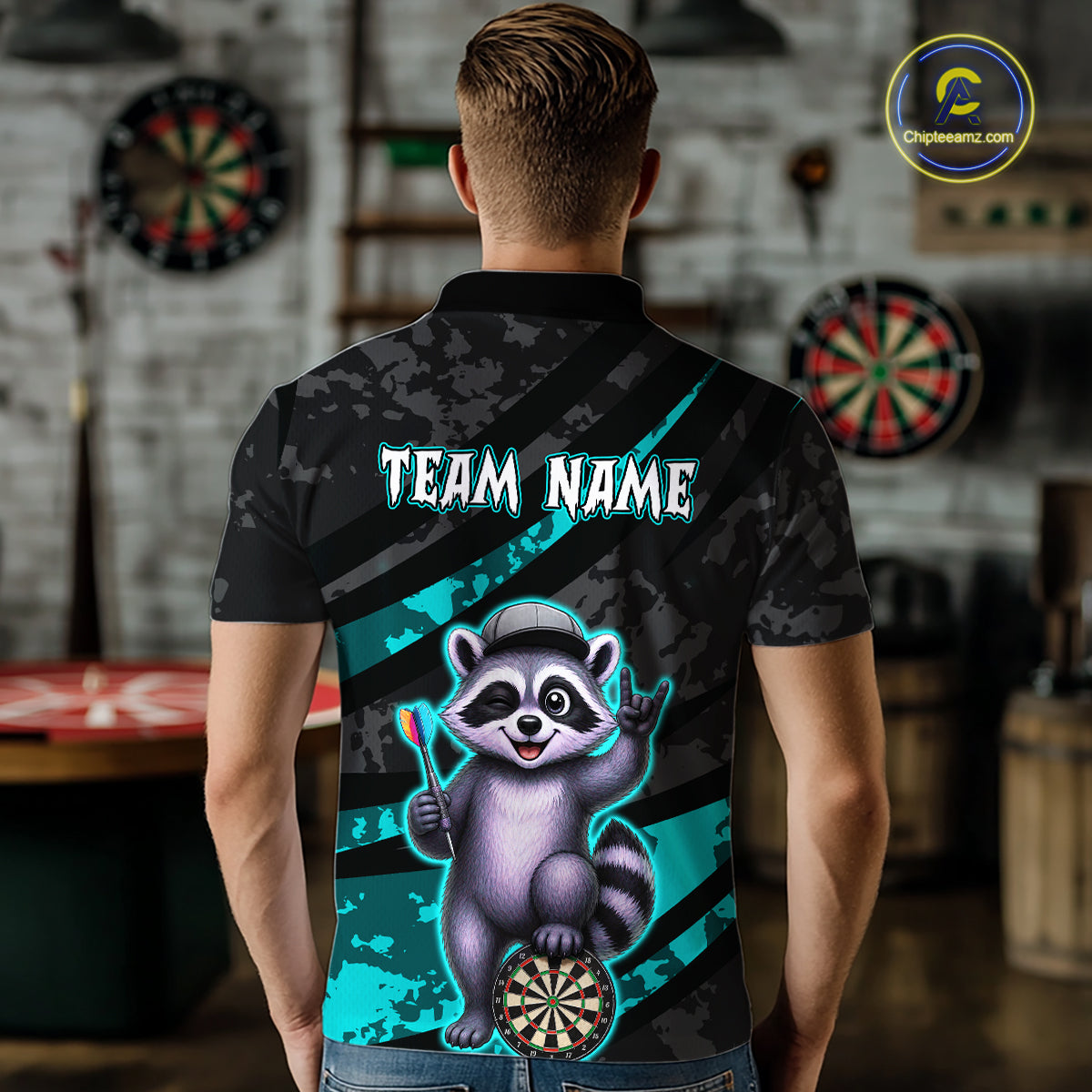 Custom Turquoise Raccoon Darts Shirt for Men Darts Team Jerseys Dart Uniform Polo & 1/4 Zip NNT326