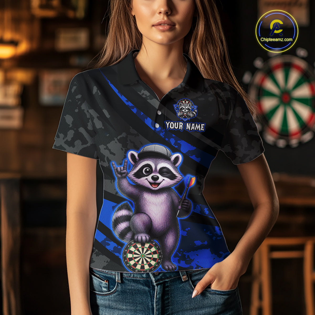 Custom Blue Raccoon Darts Shirt for Women Darts Team Jerseys Dart Uniform Polo & 1/4 Zip NNT326