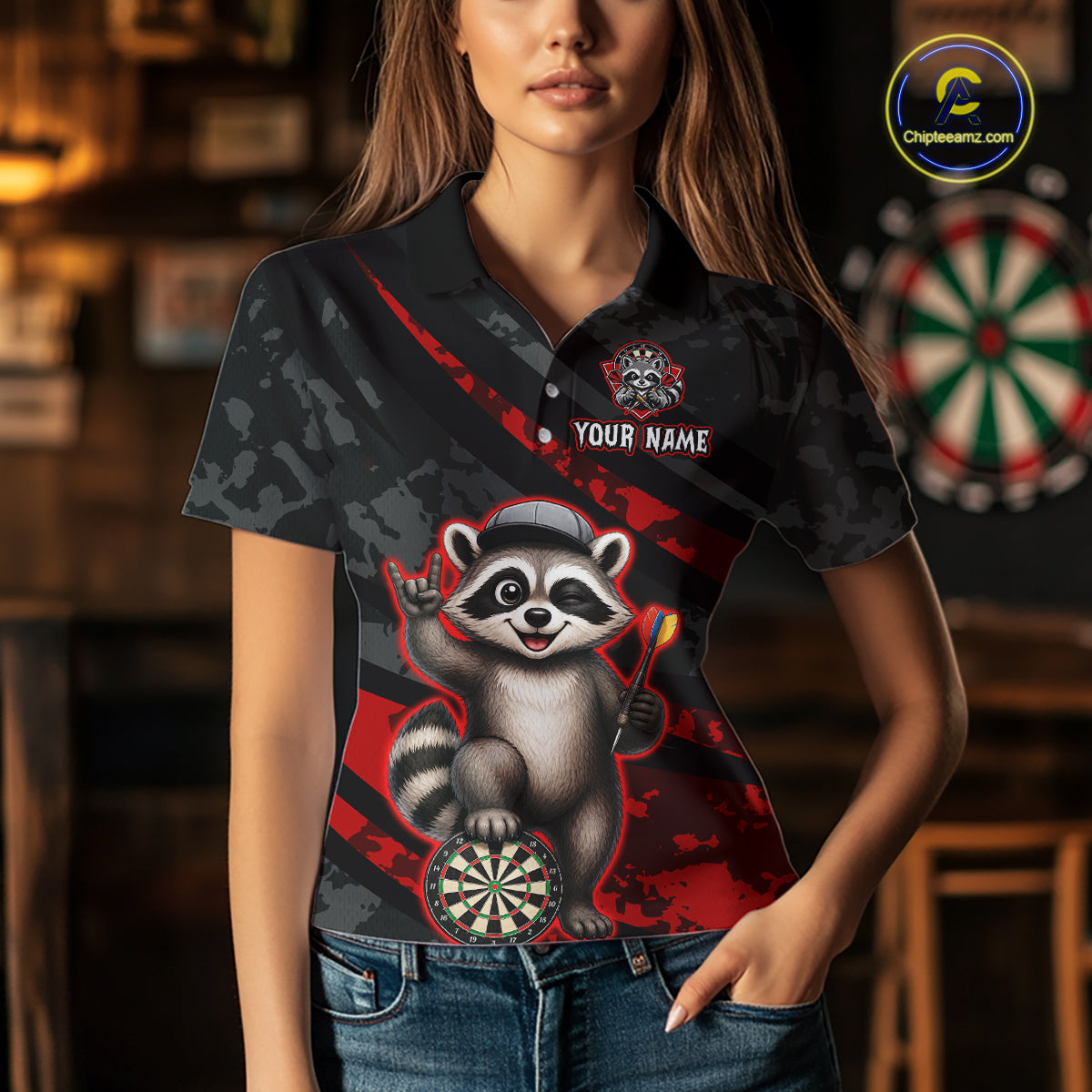 Custom Red Raccoon Darts Shirt for Women Darts Team Jerseys Dart Uniform Polo & 1/4 Zip NNT326
