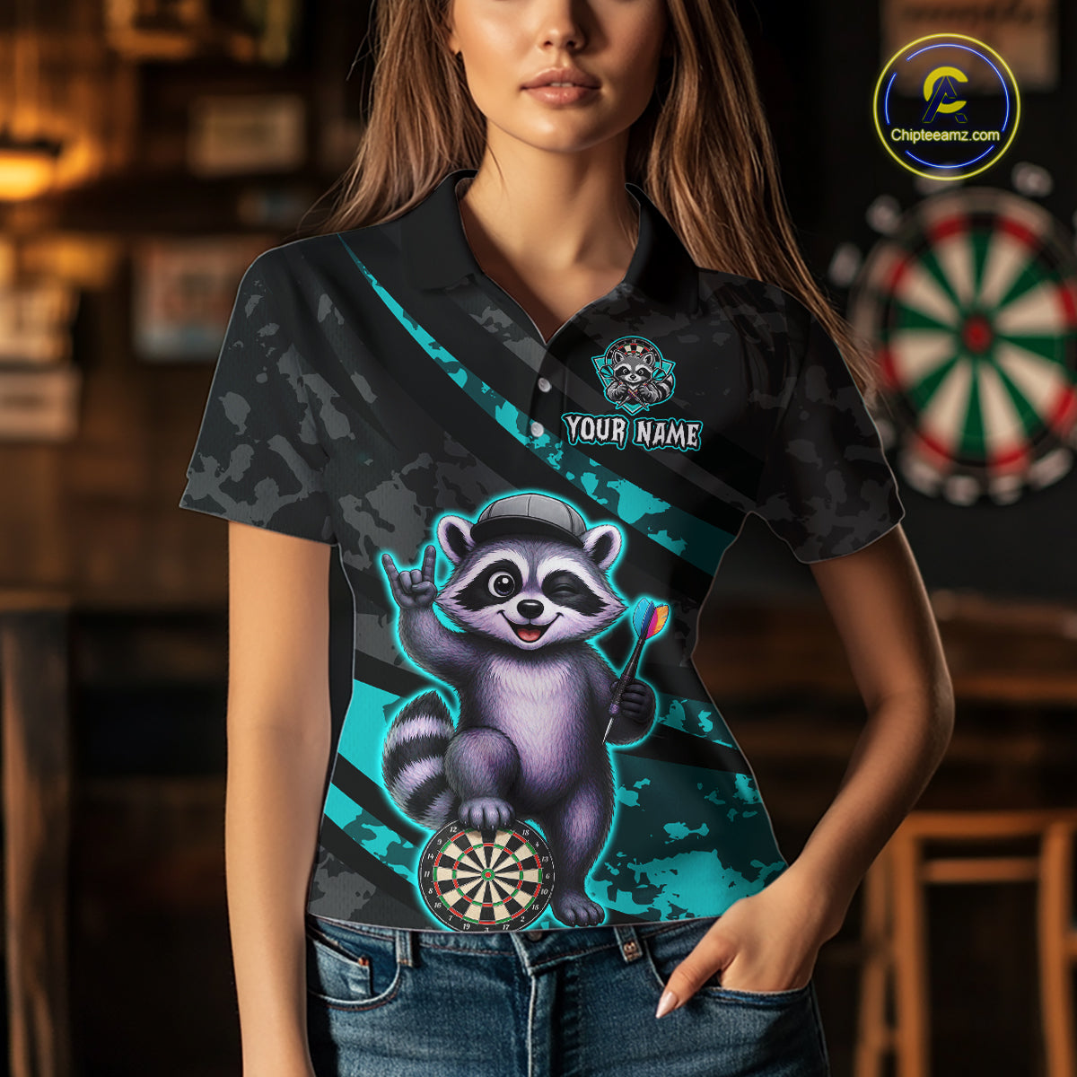Custom Turquoise Raccoon Darts Shirt for Women Darts Team Jerseys Dart Uniform Polo & 1/4 Zip NNT326