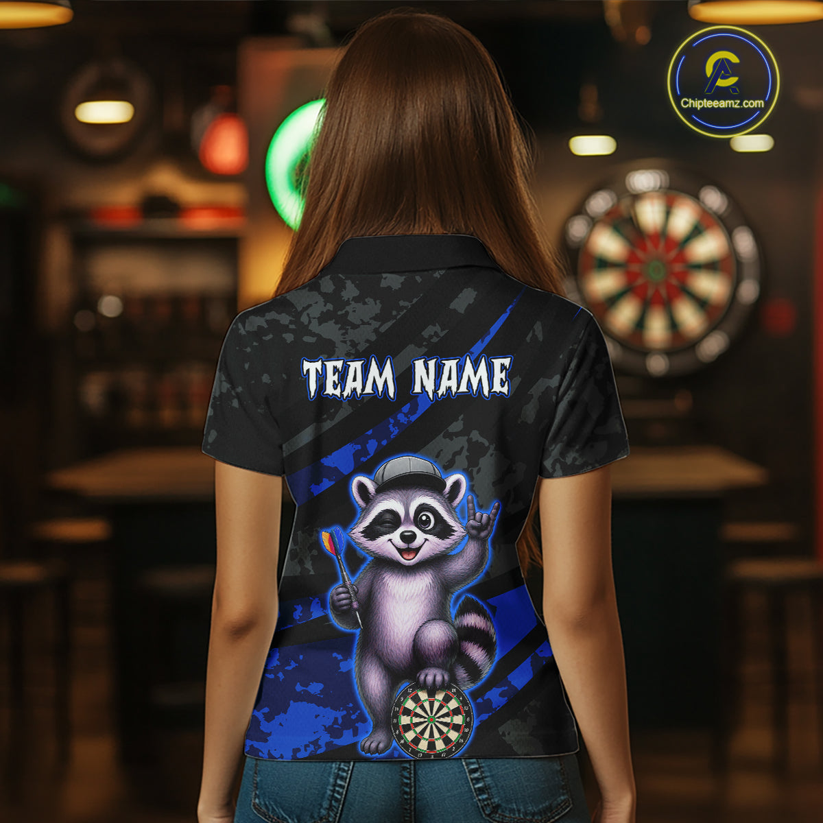 Custom Blue Raccoon Darts Shirt for Women Darts Team Jerseys Dart Uniform Polo & 1/4 Zip NNT326