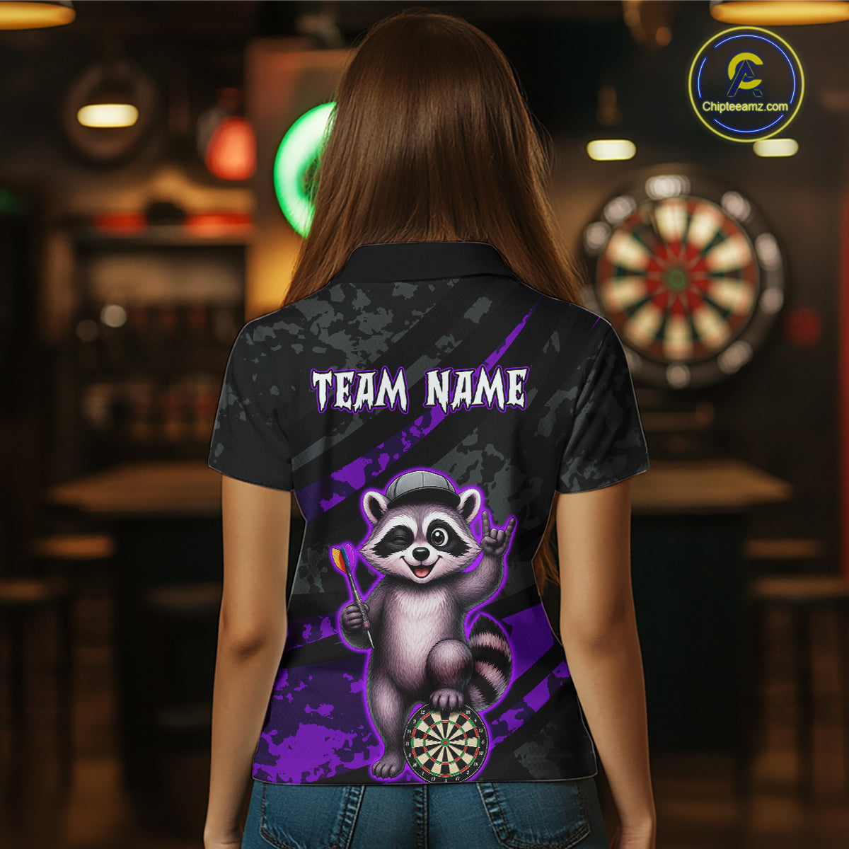 Custom Purple Raccoon Darts Shirt for Women Darts Team Jerseys Dart Uniform Polo & 1/4 Zip NNT326