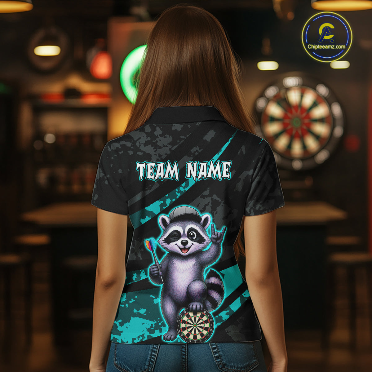 Custom Turquoise Raccoon Darts Shirt for Women Darts Team Jerseys Dart Uniform Polo & 1/4 Zip NNT326
