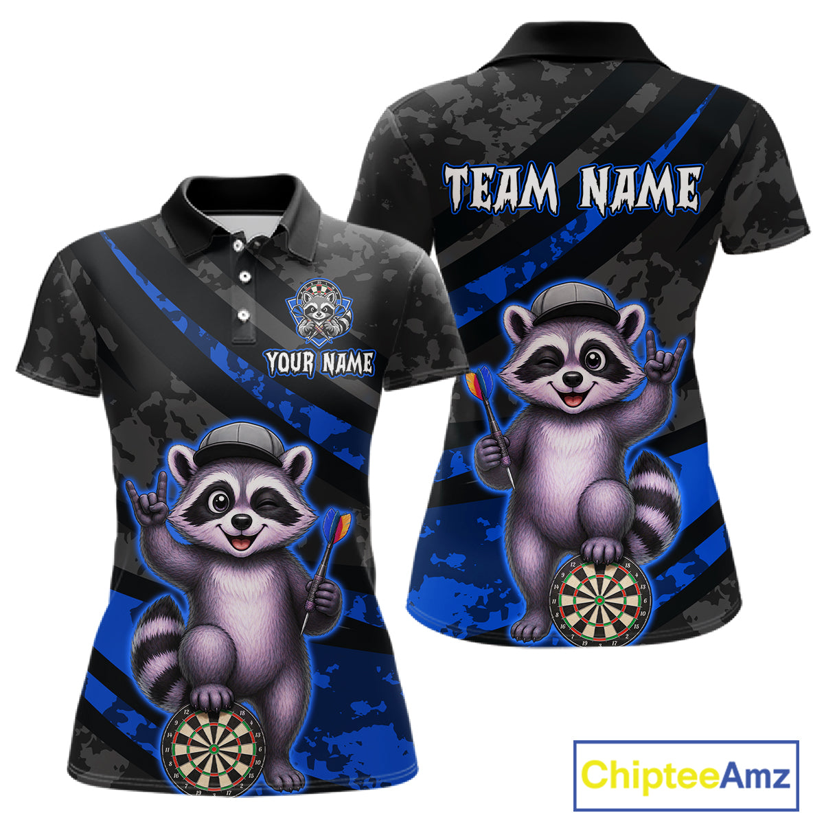Custom Blue Raccoon Darts Shirt for Women Darts Team Jerseys Dart Uniform Polo & 1/4 Zip NNT326