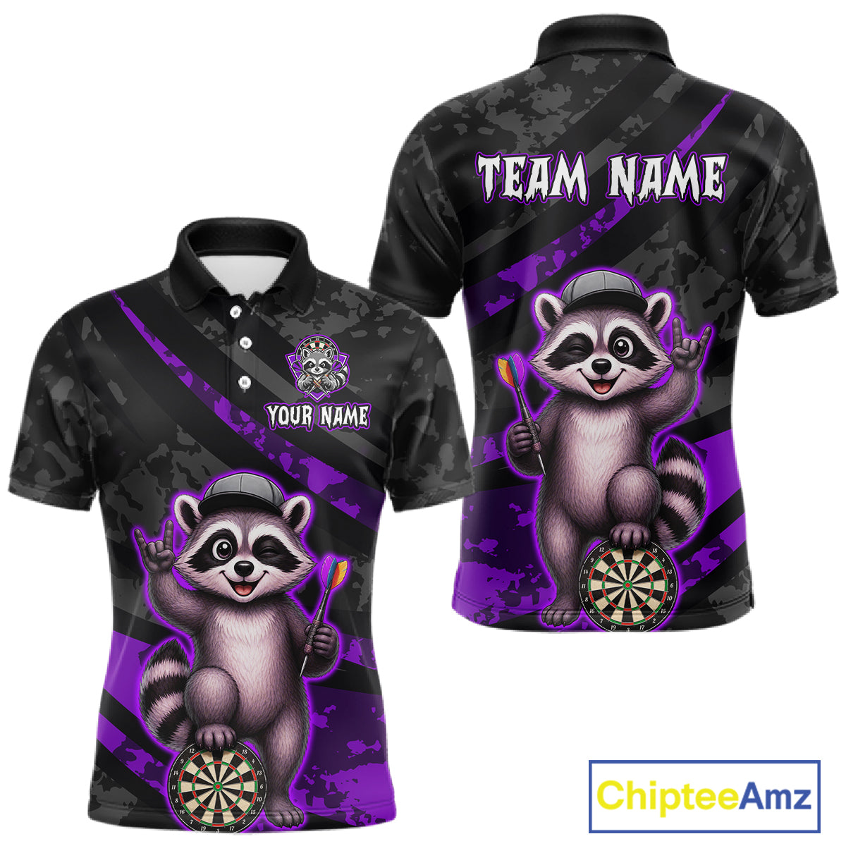 Custom Purple Raccoon Darts Shirt for Men Darts Team Jerseys Dart Uniform Polo & 1/4 Zip NNT326