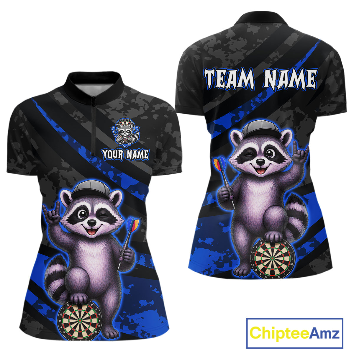 Custom Blue Raccoon Darts Shirt for Women Darts Team Jerseys Dart Uniform Polo & 1/4 Zip NNT326