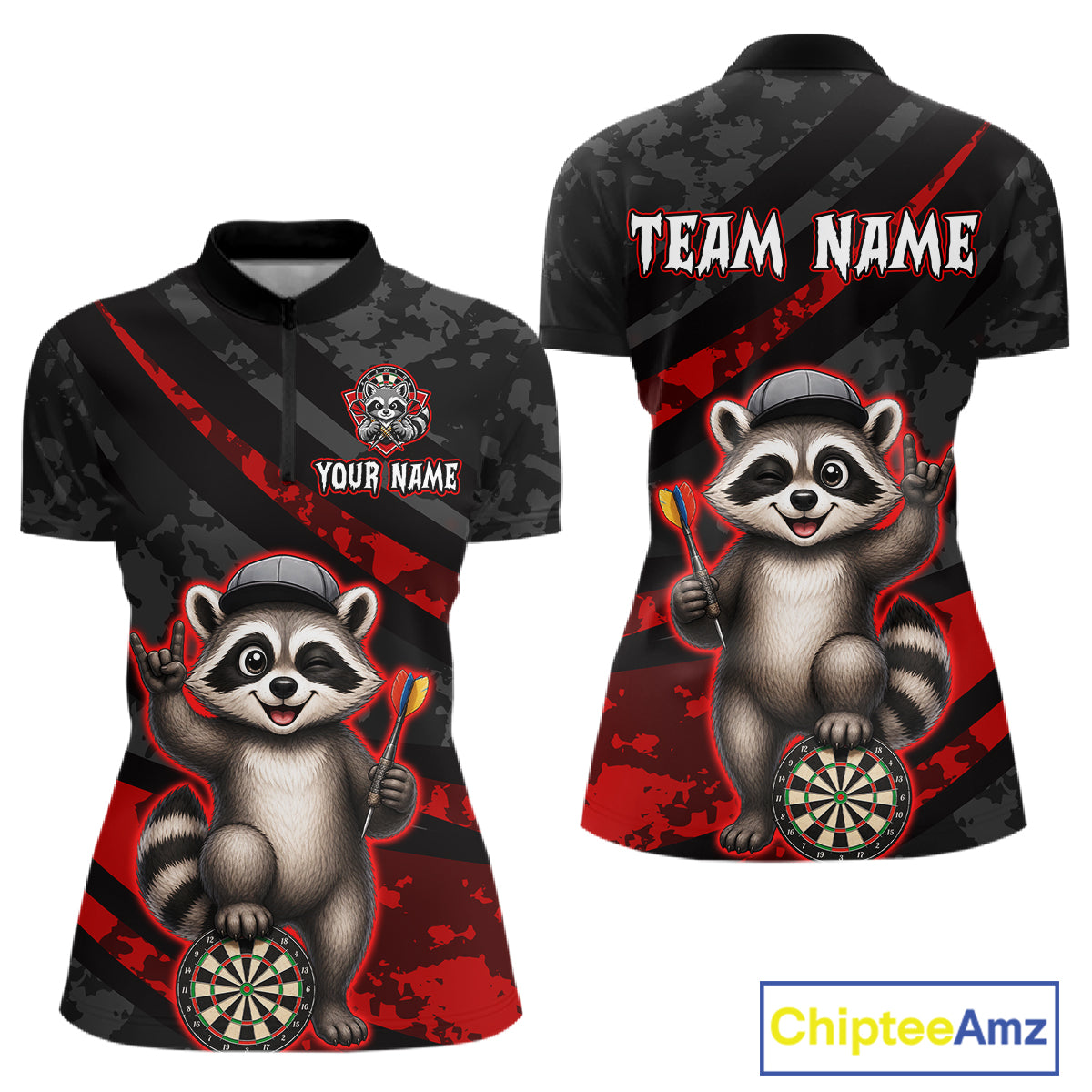 Custom Red Raccoon Darts Shirt for Women Darts Team Jerseys Dart Uniform Polo & 1/4 Zip NNT326