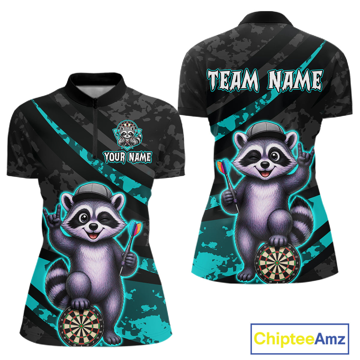 Custom Turquoise Raccoon Darts Shirt for Women Darts Team Jerseys Dart Uniform Polo & 1/4 Zip NNT326