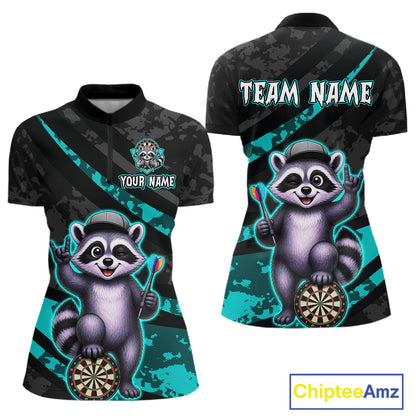Custom Turquoise Raccoon Darts Shirt for Women Darts Team Jerseys Dart Uniform Polo & 1/4 Zip NNT326